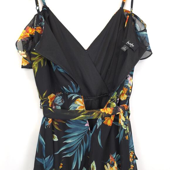 By & By Dress Faux Wrap Women 9 Black Floral High-Low Lined Cold Shoulder Belted - Picture 9 of 13